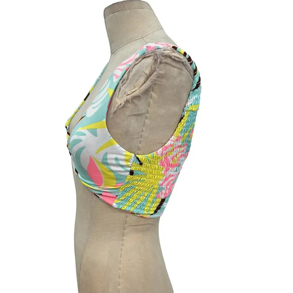 Maaji Smocked Twist Front Bikini Top Blue Palm Tree Tropical Print Size Medium - Picture 4 of 11